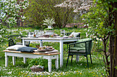 Set table in the garden for Easter breakfast in the meadow