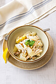 Chicken fricassee with white asparagus