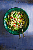 Fried coconut rice with Brussels sprouts and pomegranate
