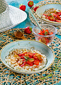 Arroz con leche with strawberry salad and honey