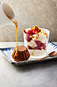 Toffee pudding with caramel sauce and raspberry cranachan