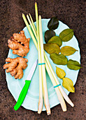 Thai spices and herbs - lemongrass, ginger, kaffir leaves