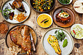 Indian dishes: roast pork, monkfish, pigeon, curry