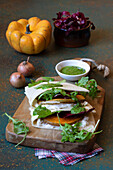 Vegetarian piadina with ricotta and gorgonzola cream, pumpkin and radicchio