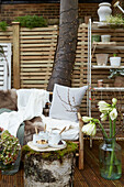 Bench with cushions and animal fur on patio with privacy screen, drinks on tree trunk and amaryllis in the foreground