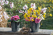 Bouquet of daffodils 'Tete a Tete', real almond blossoms, hyacinths, primroses in vase on wooden bench