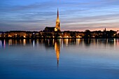 France,Gironde,Bordeaux,area listed as World Heritage by UNESCO,the banks of Garonne river and Saint Michel Basilica built between the 14th and 16th century Gothic style and it's tower of 114 m high