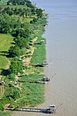 France,Gironde,Pauillac,carrelets on the Gironde estuary (aerial view)