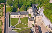 France,Val d'Oise,La Roche Guyon,labeled The Most Beautiful Villages of France,the castle and its garden along the Seine (aerial view)