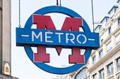 France,Paris,Sentier metro station,97 rue Reaumur,blue and red sign,unique model
