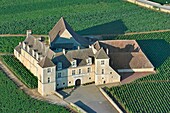 France,Cote d'Or,Burgundy climates listed as World Heritage by UNESCO,the vineyard and the castle of the Clos Vougeot (aerial view)