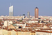 France,Rhone,Lyon,historic district listed as a UNESCO World Heritage site,panorama of La Presqu'île district,Part-Dieu tower (or the pencil) and Incity tower (or eraser) in the background