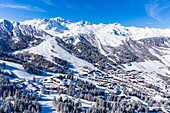 France,Savoie,Valmorel,Massif of the Vanoise,Tarentaise valley,view of the massif of La Lauziere and the Grand pic de la Lauziere (2829m) (aerial view)
