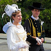 France,Finistere,parade of the 2015 Gorse Flower Festival in Pont Aven,Pont Aven bride's costume and Elliant's costume