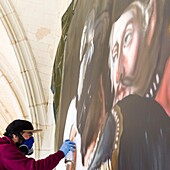 France,Indre et Loire,Loire valley listed as World Heritage by UNESCO,Amboise,Amboise castle,the graffiti artist Ravo in residence at the castle of Amboise reproduces in situ the painting The Death of Leonard de Vinci