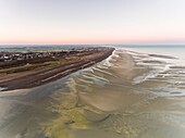 France,Somme,Baie de Somme,La Mollière d'Aval,flight over the Baie de Somme near Cayeux sur Mer,here the shoreline consists of the pebble cord that extends to the cliffs of Ault and at low tide the sandbanks extend to view