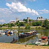 France,Maine et Loire,Angers,the river port and the castle of the Dukes of Anjou,Saint Maurice cathedral in background