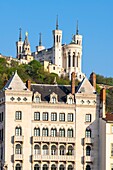 France,Rhone,Lyon,historic district listed as a UNESCO World Heritage site,Old Lyon,Quai Fulchiron on the banks of the Saone river,the Blanchon house built in 1845 by Pierre Bossan and Notre-Dame de Fourviere basilica