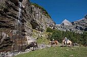 France,Haute Savoie,Sixt Fer a Cheval,equestrian trek in the Circus du Fer a Cheval towards the end of the world to the cascade of La Gouille and the head of the Ottans (2549m)