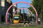 France,Haut Rhin,Mulhouse,the new basin,Boulevard de l'Europe,the tramway and the metal arches of Buren