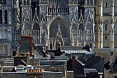 France,Seine Maritime,Rouen,south facade of the Notre-Dame de Rouen cathedral behind the roofs of the old town