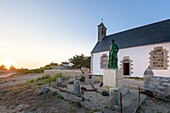 France,Morbihan,Hoedic,Boat the church Notre Dame la Blanche at sunset