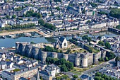 France,Maine et Loire,Loire valley listed as World Heritage by UNESCO,Angers,the castle near the Maine river (aerial view)