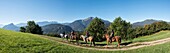 Frankreich,Haute Savoie,Mieussy,Reiten entlang der Giffre von Sommand,Panoramablick auf die Wiesen von Jourdy und den Berg von Mole (1863m)