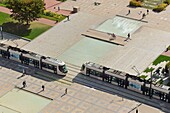 France,Seine Maritime,Le Havre,Downtown rebuilt by Auguste Perret listed as World Heritage by UNESCO,trams on the square in front of the City Hall