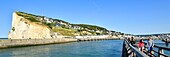 France,Seine Maritime,Pays de Caux,Cote d'Albatre (Alabaster Coast),Fecamp,wooden footbridge at the entrance of the harbour