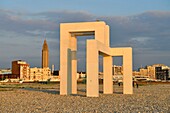 France,Seine Maritime,Le Havre,city rebuilt by Auguste Perret listed as World Heritage by UNESCO,on the beach facing the sea the monumental work UP # 3 of Lang and Baumann and in the background the bell tower of the church of Saint Joseph