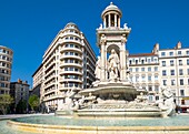 France,Rhone,Lyon,historic district listed as a UNESCO World Heritage site,Cordeliers district,fountain of Jacobins square