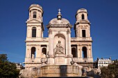 France,Paris,St. Germain des Pres district,Fountain Saint Sulpice built in 1844 by Louis Visconti Tulius Joachim and Saint Sulpice church