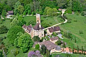 France,Dordogne,Vezere valley listed as World Heritage by UNESCO,Thonac,the manor house and the tower of Vermondie (aerial view)