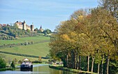France,Cote d'Or,Barges tied to bank of Burgundy Canal,Chateauneuf en Auxois