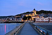 France,Seine Maritime,Le Treport,the wooden jetty and Saint Jacques church