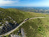 France,Pyrenees Atlantiques,Basque Country,Ascain,La Rhune,the Rhune train,little cog railway (aerial view)