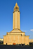 France,Seine Maritime,Le Havre,city rebuilt by Auguste Perret listed as World Heritage by UNESCO,the basin of Commerce,lantern tower of Saint Joseph's church designed by Auguste Perret concrete and inaugurated in 1957