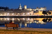France,Vaucluse,Avignon,the Rhone river with the Cathedral of Doms dating from the 12th century and the Papal Palace listed UNESCO World Heritage