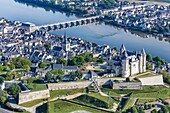 France,Maine et Loire,Loire valley listed as World Heritage by UNESCO,Saumur,the town and the castle near the Loire river (aerial view)