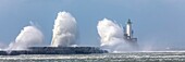 France,Pas de Calais,Boulogne sur Mer,Carnot dike and the lighthouse during the storm Miguel