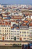 France,Rhone,Lyon,historic district listed as a UNESCO World Heritage site,panorama of La Presqu'île district,Quai Tilsitt and the Great Synagogue