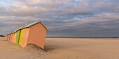 Frankreich,Pas de Calais,Berck sur Mer,Strandhütten in Berck sur Mer am Ende der Saison,der Wind hat über den Strand gefegt und die Erosion nagt an den Stützen der Hütten, die wackeln und eine Nebensaisonatmosphäre vermitteln
