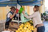 France,Alpes-Maritimes,Menton,covered market,municipal hall,Jean-Mario Medecin,primeur and emblematic figure of the city market of lemons