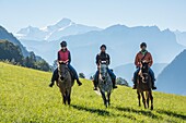France,Haute Savoie,Mieussy,horse riding along the Giffre from Sommand,in the meadows of Jourdy and Mont Blanc,(4810m)