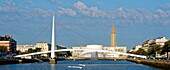 France,Seine Maritime,Le Havre,city rebuilt by Auguste Perret listed as World Heritage by UNESCO,Footbridge of the Bassin du Commerce by Guillaume Gillet (1969),Volcano of architect Oscar Niemeyer and lantern tower of Saint Joseph's church