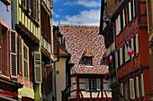 France,Haut Rhin,Colmar,glazed tiles and half timbering Rue des Marchands in Colmar