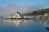 France,Seine-Maritime,Pays de Caux,Norman Seine River Meanders Regional Nature Park,Duclair,the ferry crossing the Seine in the morning mist