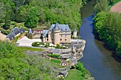 France,Dordogne,Perigord Noir (Black Perigord),Thonac,the castle of Belcayre on the banks of the Vezere river (aerial view)