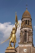 France,Vendee,Saint Martin des Tilleuls,Bell tower of St. Martin and Joan of Arc statue